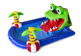 Buy large inflatable bouncy castle with water slide and pool in the mini park crocodile theme for children. Order inflatable bouncy castles online at JB Inflatables America 