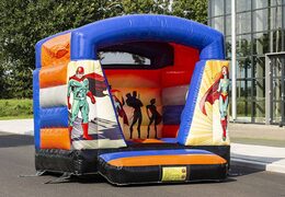 Small inflatable bouncer with roof in superhero theme blue and orange for sale. Buy bouncers at JB Inflatables America online 