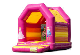 Buy a midi inflatable bounce house in princess theme in a color mix of pink and yellow for kids. Order bounce houses at JB Inflatables America online