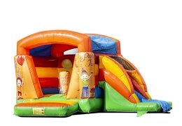 Small inflatable bouncer with roof and slide in party theme to buy at JB Inflatables America online