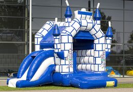 Midi multifun inflatable roofed bouncer in castle theme and in a color combination of blue and white for sale. Order bouncers at JB Inflatables America online