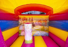 Small inflatable bounce house yellow and pink in princess fairytale theme to buy. Buy bounce houses at JB Inflatables America online