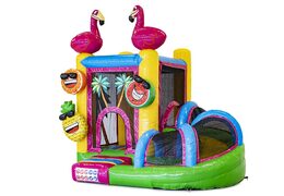 Buy a small indoor inflatable multiplay bounce house in the theme flamingo with slide for children. Order inflatable bounce houses online at JB Inflatables America
