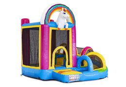 Mini inflatable multiplay bounce house in unicorn theme for children. Order inflatable bounce houses online at JB Inflatables America