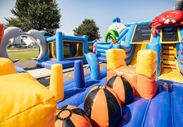 Seaworld bouncer with slides, obstacles with fun seaworld themed prints for kids. Buy bouncers online at JB Inflatables America
