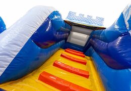 Large inflatable open blue multiplay bouncer with slide in princess pirate theme for kids. Buy bouncers online at JB Inflatables America 