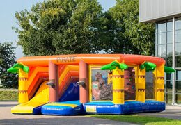 Pirate themed indoor bounce house with a slide on the jumping surface, climbing tower and fun obstacles for kids. Buy bounce houses online at JB Inflatables America 