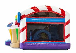 Inflatable multiplay candy bounce house with a slide in the middle and 3D objects for kids. Order bounce houses online at JB Inflatables America 