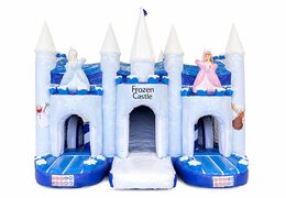 Order a blue and white bounce house in the ice theme in a unique design, a slide and 3D objects for kids. Buy bounce houses online at JB Inflatables America 