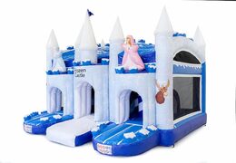 Buy large inflatable covered blue and white multiplay bouncy castle with slide in theme ice ice frozen for children. Order bouncy castles online at JB Inflatables America 