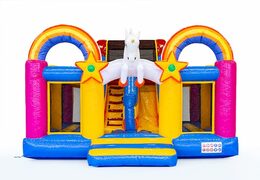Buy Inflatable Boss slidebox bouncy castle in Unicorn theme with a slide for children. Order bouncy castles online at JB Inflatables America 