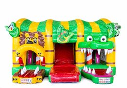 Multiplay XXL Jungleworld bounce house in a unique design with two entrances, a slide in the middle and 3D objects for kids. Buy bounce houses online at JB Inflatables America 