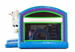 Buy a unicorn bounce house in a unique design with two entrances, a slide in the middle and 3D objects for kids. Order bounce houses online at JB Inflatables America 