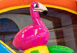 Order a water slide bouncer with a 3D object of a large flamingo on top from JB Inflatables America. Buy bouncers online now at JB Inflatables America