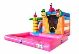 Buy inflatable mini splash bounce house in flamingo theme with or without a bath. Order inflatable bounce houses online at JB Inflatables America