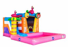 Small splash bouncy castle in Flamigo theme with or without bath for children at JB Inflatables America. Buy inflatable bounce houses at JB Inflatables America