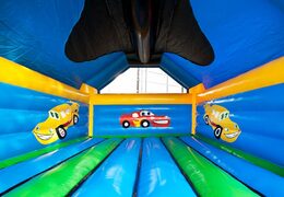 Super bouncy castle  with roof in car theme for kids. Buy bouncy castles online at JB Inflatables America