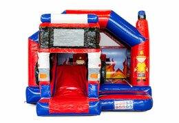 Buy inflatable slide combo firefighter-themed bounce house for kids in red en blue color. Order inflatable bounce houses with slide now at JB Inflatables America