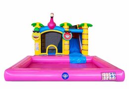 Opblaasbaar Jumpy Happy Splash roze springkussen met zwembadje te koop in thema flamingo voor kinderen bij JB Inflatables