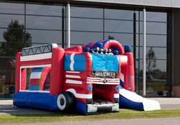 Medium inflatable multiplay bounce house in fire truck theme with a slide for children. Order inflatable bounce houses online at JB Inflatables America