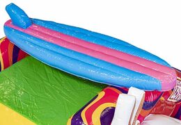 Opblaasbaar luchtkussen met glijbaan in hippy thema met veel kleuren bestellen 