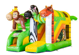 Buy covered inflatable Mini Multiplay bouncy castle with slide in Jungle theme for children. Order now inflatable bouncy castles at JB Inflatables America