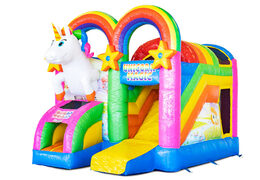 Buy covered inflatable Mini Multiplay bouncy castle with slide in Unicorn theme for children. Order now inflatable bouncy castles at JB Inflatables America