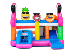 Order inflatable Multiplay air cushion with slide in theme Flamingo for children. Buy inflatable air cushions online at JB Inflatables America