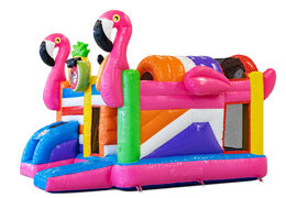 Order inflatable Multiplay bouncy castle with slide in theme Flamingo for children. Buy inflatable bouncy castles online at JB Inflatables America