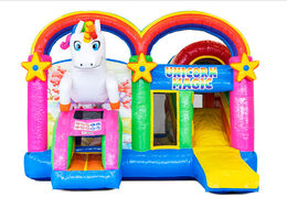 Order inflatable Multiplay air cushion with slide in Unicorn theme for children. Buy inflatable air cushions online at JB Inflatables America