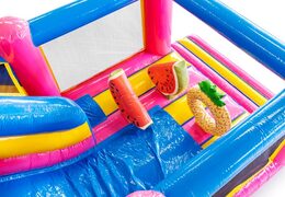 Slide and obstacles on bouncy castle with flamingo theme