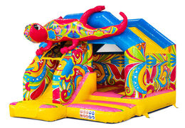 Slide Combo bouncy castle with yellow, blue, pink colors and flowers