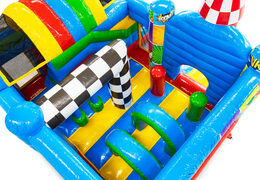 Inside of multiplay bouncy castle with comic theme featuring arches and pillars