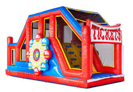 Red blue yellow inflatable obstacle course modules Base Jump