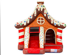 Inflatable gingerbread house bouncy castle winter theme red brown white orange