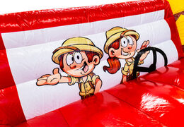 Gorilla safari-themed inflatable castle with illustration of rangers in Jeep