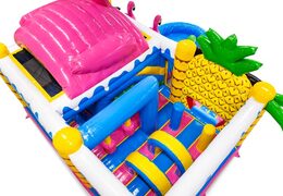 Inside bouncy castle with arches, pillars, and punching bags for sale at JB