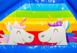 Inflatable castle with unicorn theme and illustration of unicorns and rainbow to order
