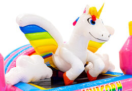 3D figure on inflatable castle Dubbelslide unicorn with rainbow wings Unicorn theme