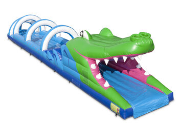 Order an inflatable 18meter belly slide in a crocodile theme for your kids online. Buy inflatable belly slides now online at JB Inflatables America