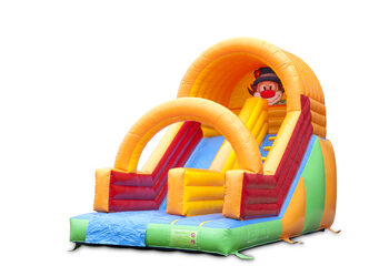 Buy a Clown slide with the cheerful colors and nice print on the back wall. Order inflatable slides now online at JB Inflatables America