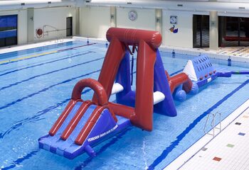 Order double inflatable Water obstacle run pool obstacle course with two climbing walls, a balancing object, a swing tower and a slide for kids. Buy inflatable obstacle courses online now at JB Inflatables America
