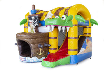 Buy a small indoor inflatable multiplay bounce house in pirate theme with slide for children. Order inflatable bounce houses online at JB Inflatables America