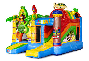Buy indoor inflatable multiplay bouncy castle in tropical Hawaii theme with slide for children. Order inflatable bouncy castles online at JB Inflatables America