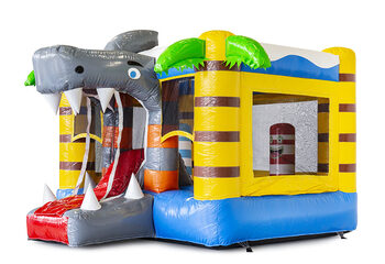 Mini multiplay shark-themed bounce house to buy with slide for kids. Order inflatable bounce houses online at JB Inflatables America