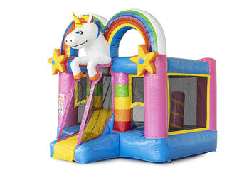 Mini inflatable unicorn-themed bounce house with slide available to buy for kids at JB Inflatables. Order inflatable bounce houses online at JB Inflatables America