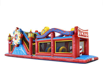 Order a 17 meter wide unique rollercoaster themed obstacle course for kids. Buy inflatable obstacle courses online now at JB Inflatables America