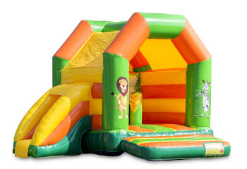 Midi inflatable multifun bounce house with roof in jungle theme to buy for kids. Buy bounce houses online at JB Inflatables America