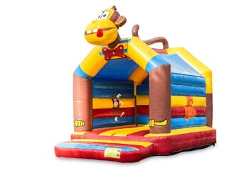 Buy a standard bouncy castle for children in striking colors with a large 3D object in the shape of a monkey on top. Buy inflatables online at JB Inflatables America