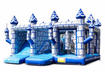 Buy large inflatable open blue white multiplay bouncy castle with slide in theme indoor castle for children. Order bouncy castles online at JB Inflatables America 